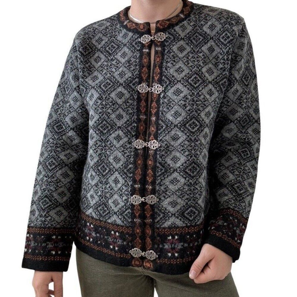 Vintage 1990s Carroll Reed 100% Wool Nordic Gray Geometric Cardigan Sz L